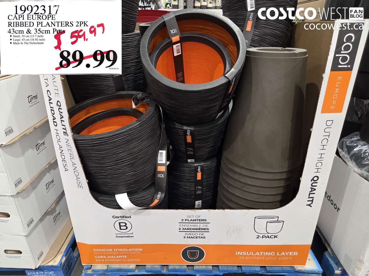 1992317 CAPI EUROPE RIBBED PLANTERS 2PK 43CM & 35CM POTS $59.97