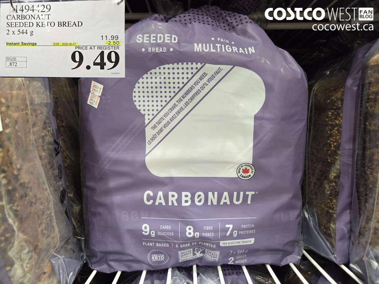 1494429 CARBONAUT SEEDED KETO BREAD 2 X 544 G ($2.50 INSTANT SAVINGS EXPIRES ON 2026-06-07) $9.49