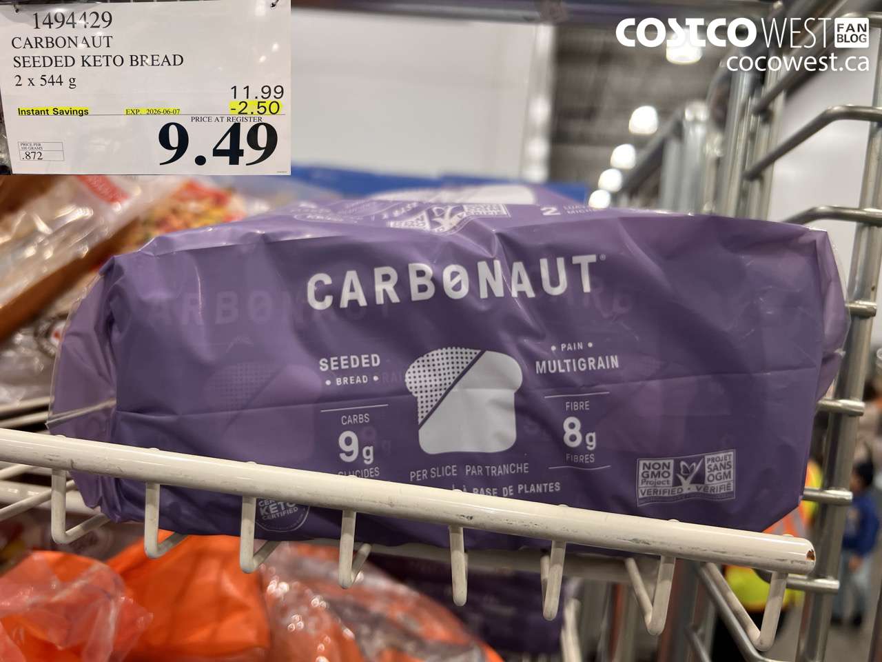 1494429 CARBONAUT SEEDED KETO BREAD 2 X 544 G ($2.50 INSTANT SAVINGS EXPIRES ON 2026-06-07) $9.49