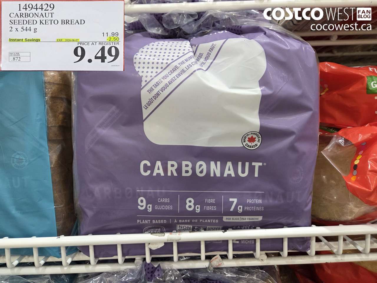 1494429 CARBONAUT SEEDED KETO BREAD 2 X 544 G ($2.50 INSTANT SAVINGS EXPIRES ON 2026-06-07) $9.49
