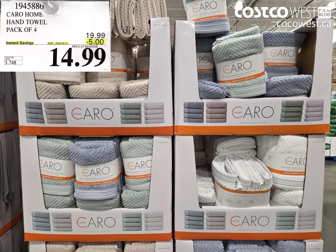 1945886 CARO HOME HAND TOWEL PACK OF 4 ($5.00 INSTANT SAVINGS EXPIRES ON 2026-06-21) $14.99
