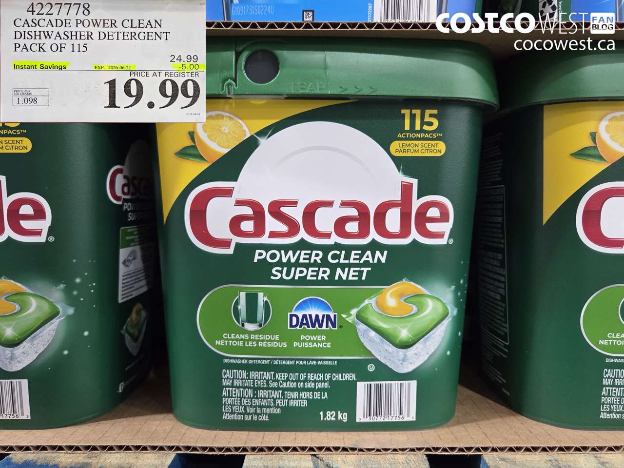 4227778 CASCADE POWER CLEAN DISHWASHER DETERGENT PACK OF 115 ($5.00 INSTANT SAVINGS EXPIRES ON 2026-06-21) $19.99
