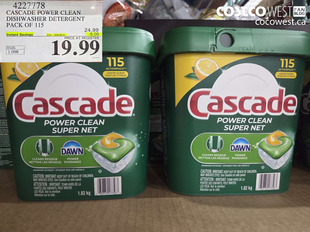 4227778 CASCADE POWER CLEAN DISHWASHER DETERGENT PACK OF 115 ($5.00 INSTANT SAVINGS EXPIRES ON 2026-06-21) $19.99