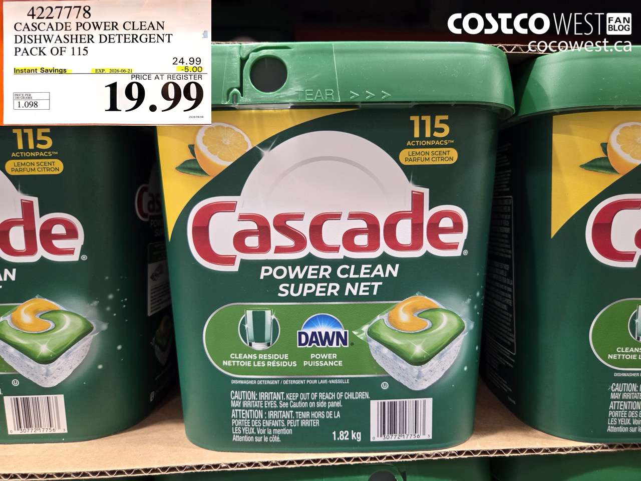 4227778 CASCADE POWER CLEAN DISHWASHER DETERGENT PACK OF 115 ($5.00 INSTANT SAVINGS EXPIRES ON 2026-06-21) $19.99