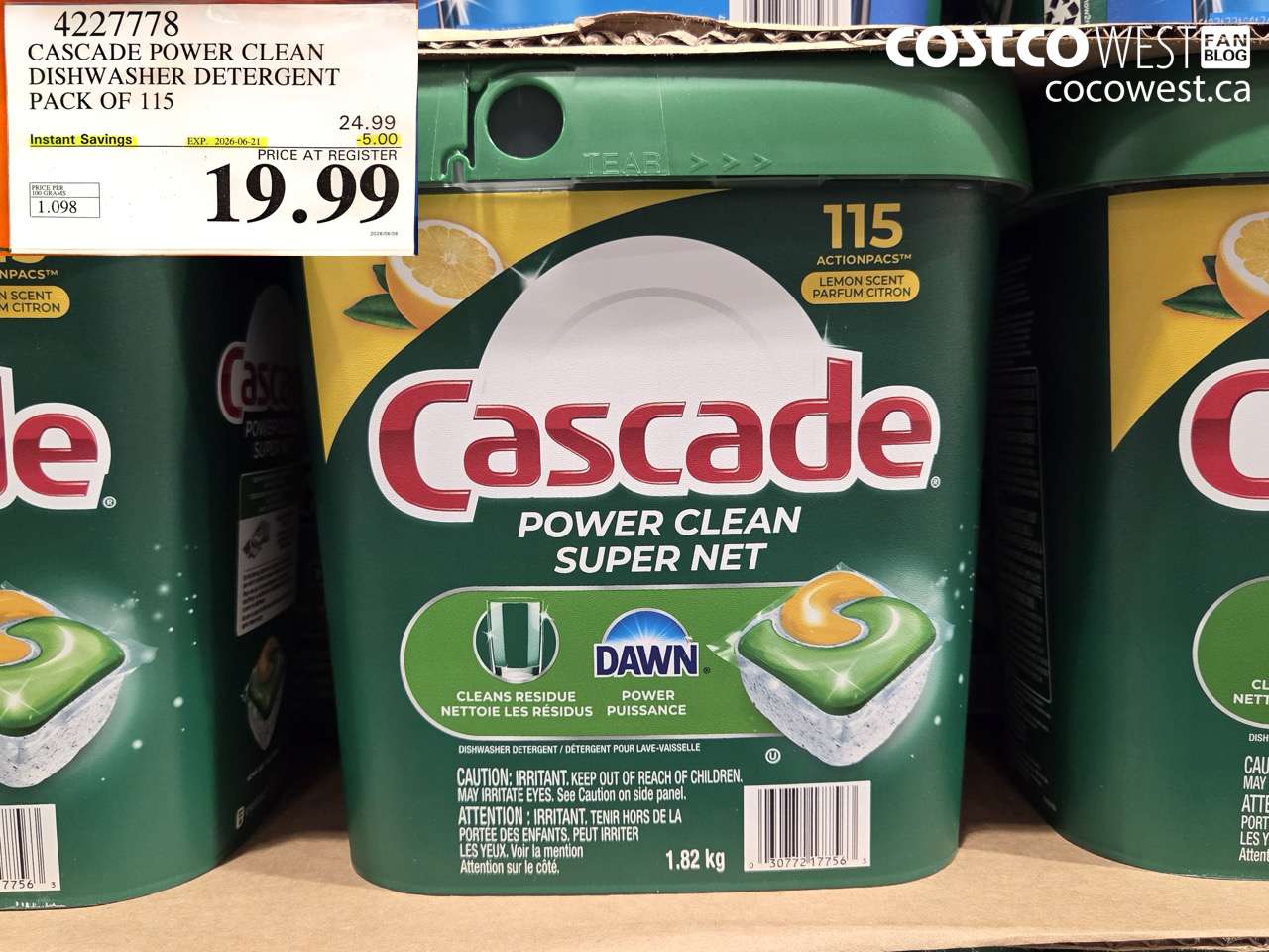 4227778 CASCADE POWER CLEAN DISHWASHER DETERGENT PACK OF 115 ($5.00 INSTANT SAVINGS EXPIRES ON 2026-06-21) $19.99