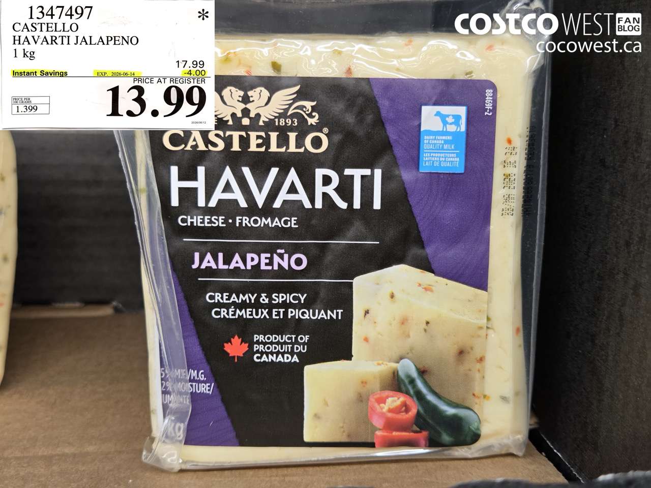 1347497 CASTELLO HAVARTI JALAPENO 1 KG ($4.00 INSTANT SAVINGS EXPIRES ON 2026-06-14) $13.99