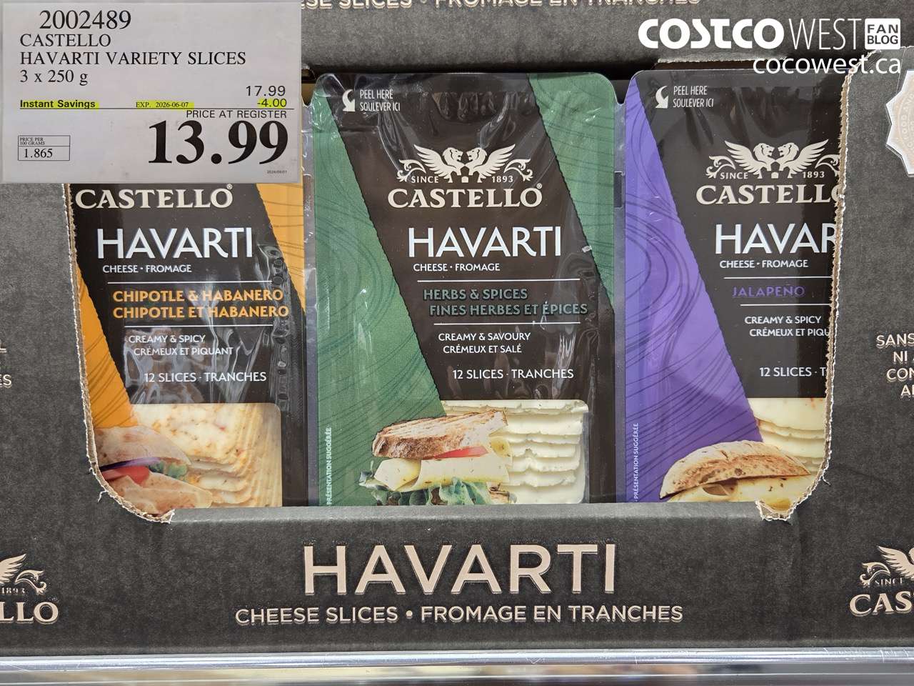 2002489 CASTELLO HAVARTI VARIETY SLICES 3 X 250 G ($4.00 INSTANT SAVINGS EXPIRES ON 2026-06-07) $13.99