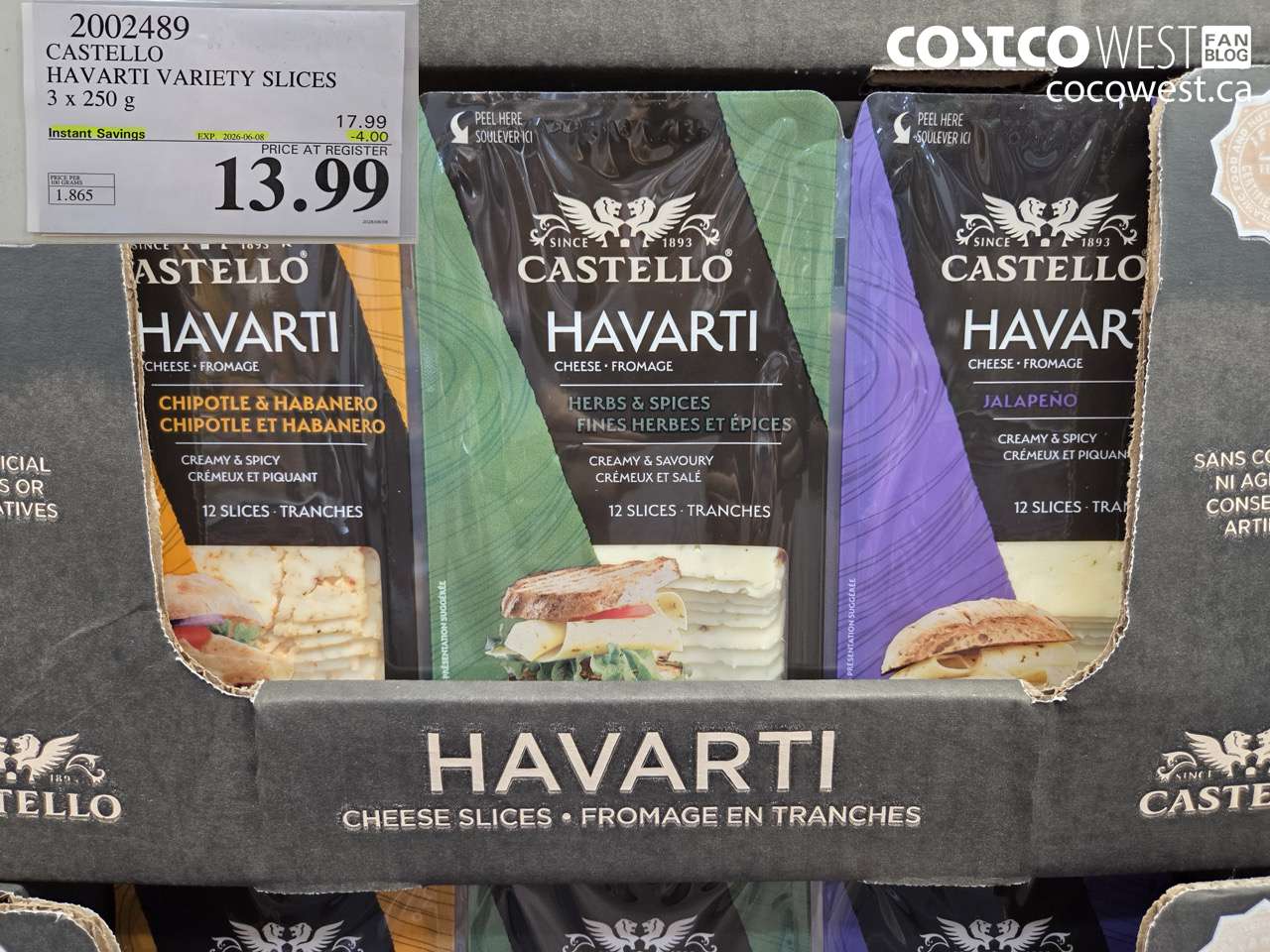 2002489 CASTELLO HAVARTI VARIETY SLICES 3 X 250 G ($4.00 INSTANT SAVINGS EXPIRES ON 2026-06-08) $13.99