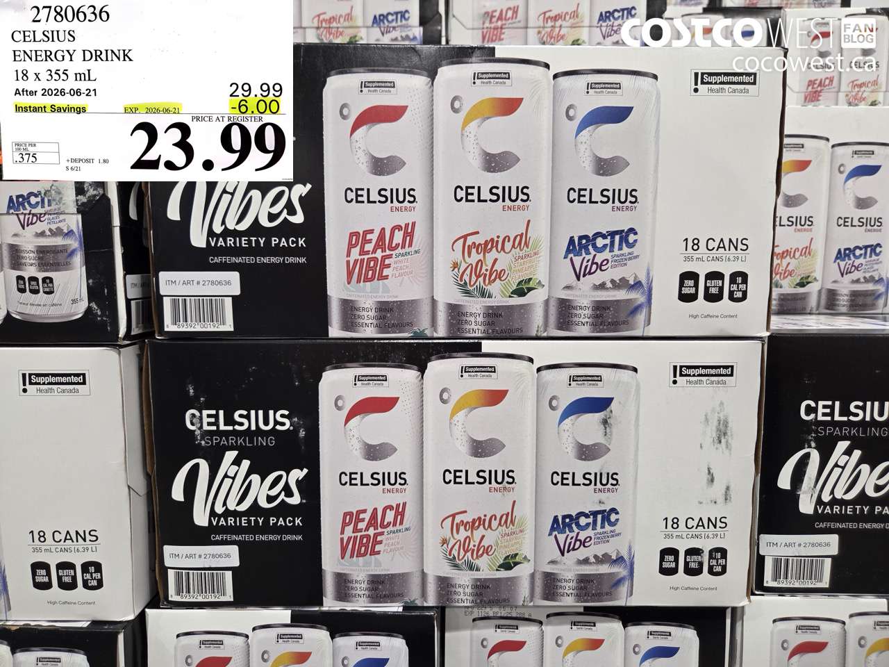 2780636 CELSIUS ENERGY DRINK 18 X 355 ML ($6.00 INSTANT SAVINGS EXPIRES ON 2026-06-21) $23.99