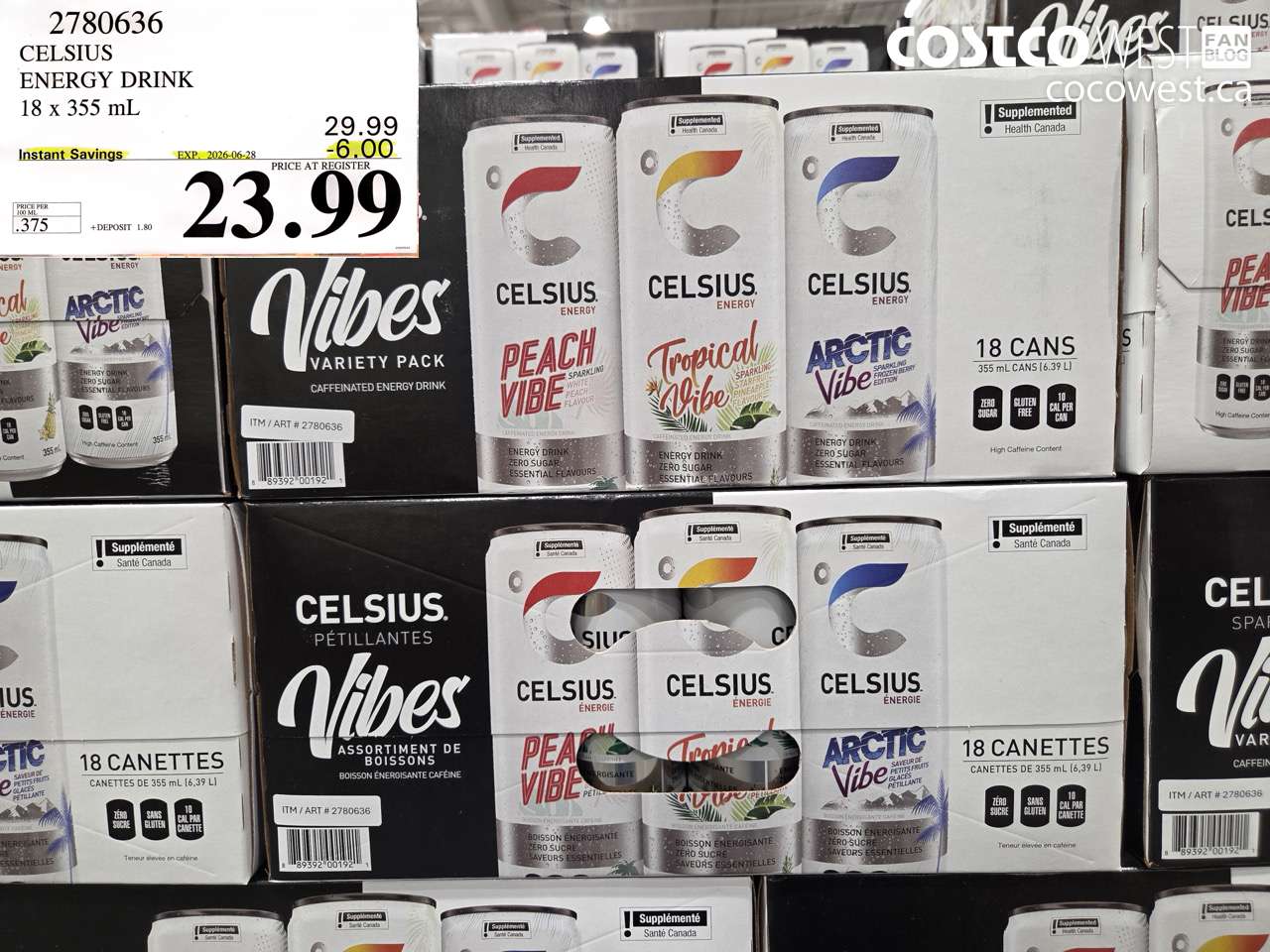 2780636 CELSIUS ENERGY DRINK 18 X 355 ML ($6.00 INSTANT SAVINGS EXPIRES ON 2026-06-28) $23.99