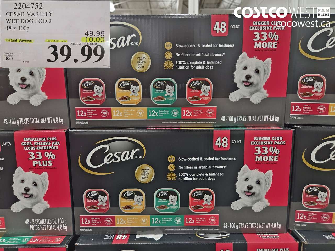 2204752 CESAR VARIETY WET DOG FOOD 48 X 100G ($10.00 INSTANT SAVINGS EXPIRES ON 2026-06-07) $39.99