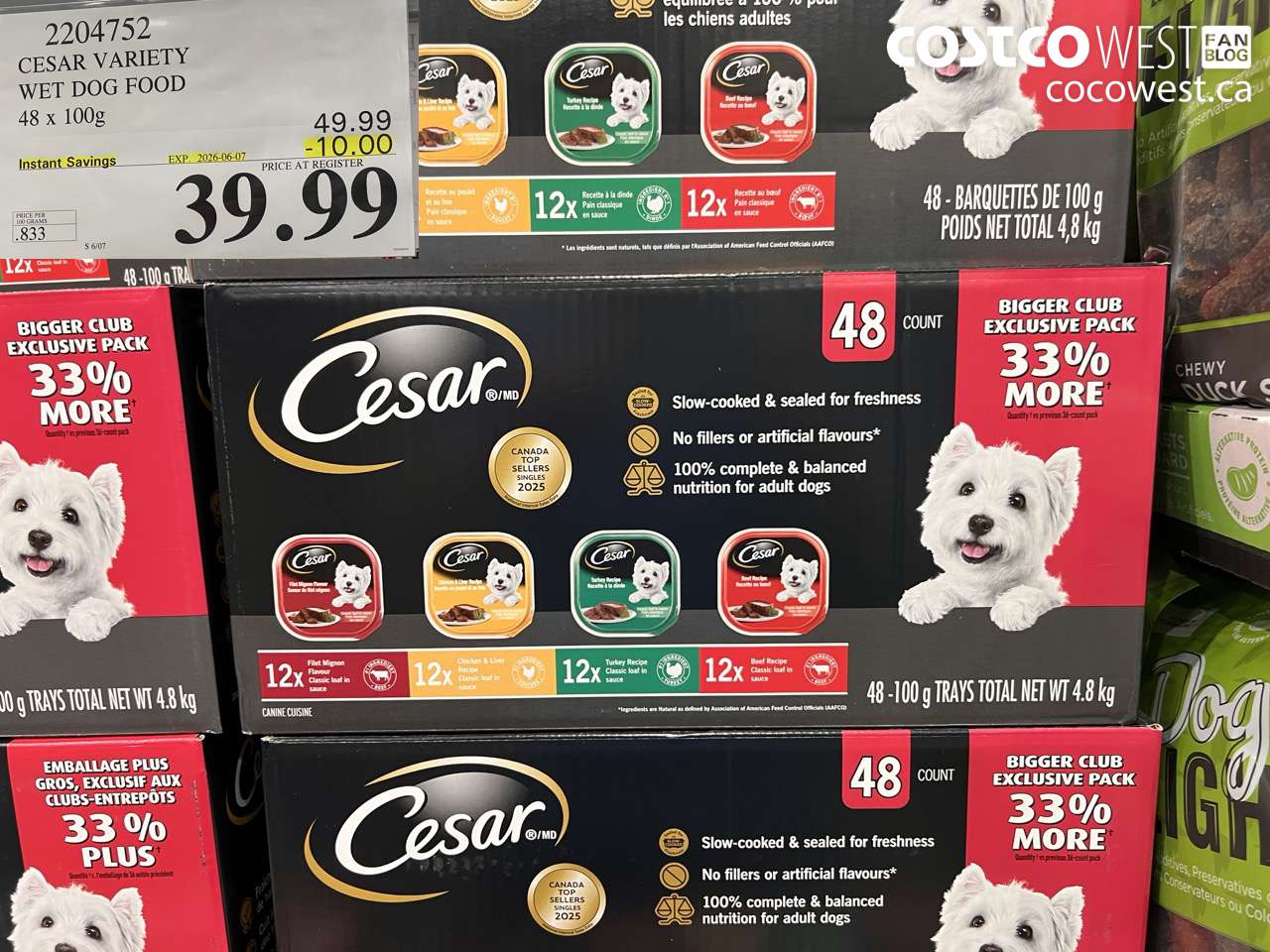 2204752 CESAR VARIETY WET DOG FOOD 48 X 100G ($10.00 INSTANT SAVINGS EXPIRES ON 2026-06-07) $39.99