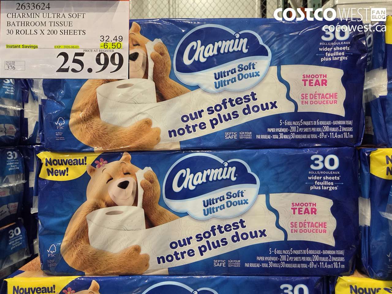2633624 CHARMIN ULTRA SOFT BATHROOM TISSUE 30 ROLLS X 200 SHEETS ($6.50 INSTANT SAVINGS EXPIRES ON 2026-06-07) $25.99