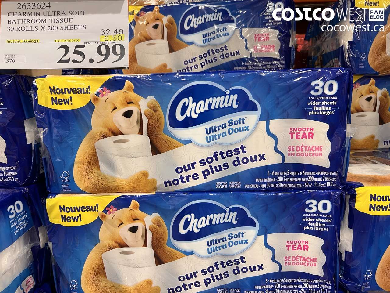 2633624 CHARMIN ULTRA SOFT BATHROOM TISSUE 30 ROLLS X 200 SHEETS ($6.50 INSTANT SAVINGS EXPIRES ON 2026-06-07) $25.99