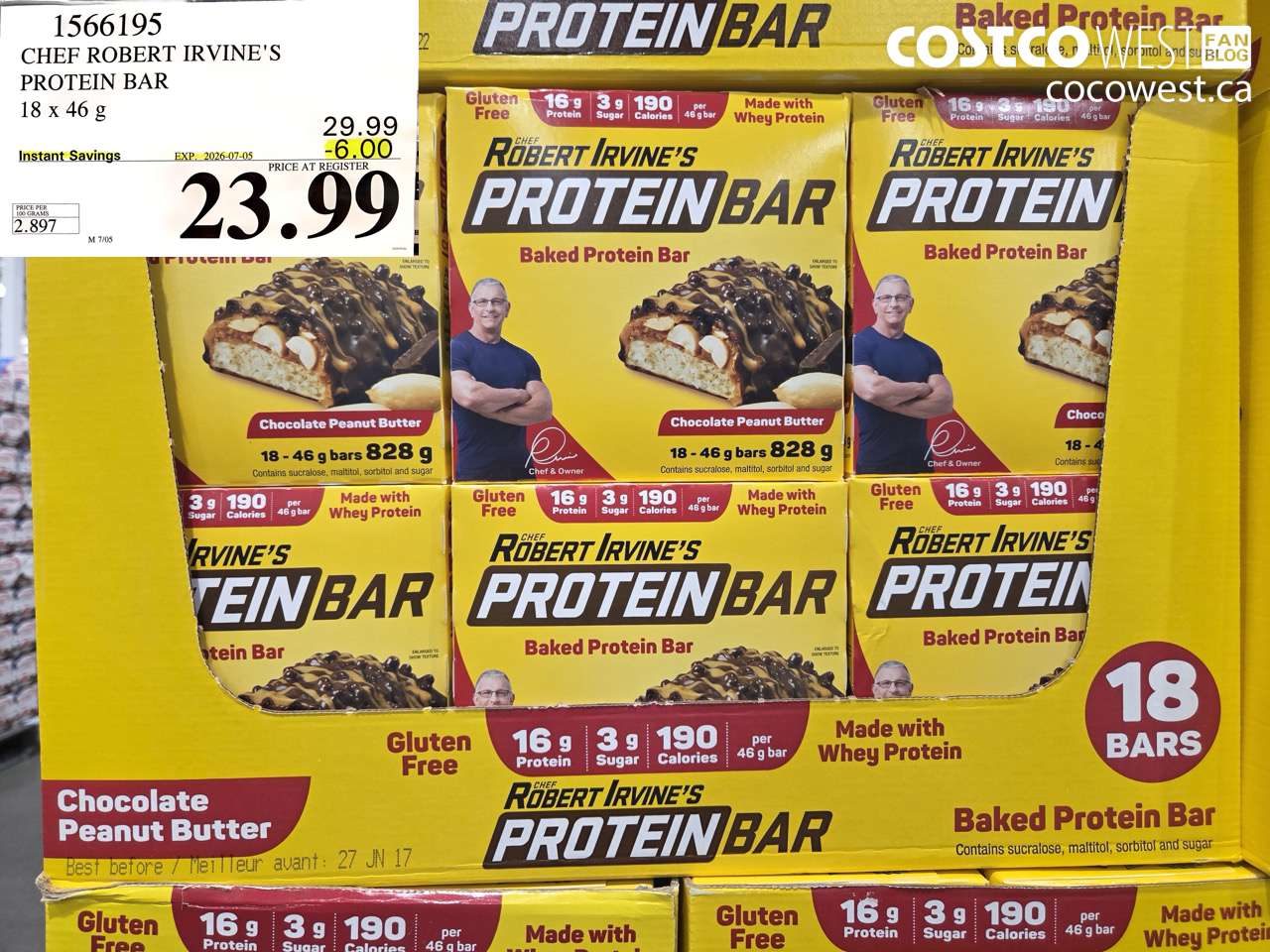 1566195 CHEF ROBERT IRVINE'S PROTEIN BAR 18 X 46 G ($6.00 INSTANT SAVINGS EXPIRES ON 2026-07-05) $23.99