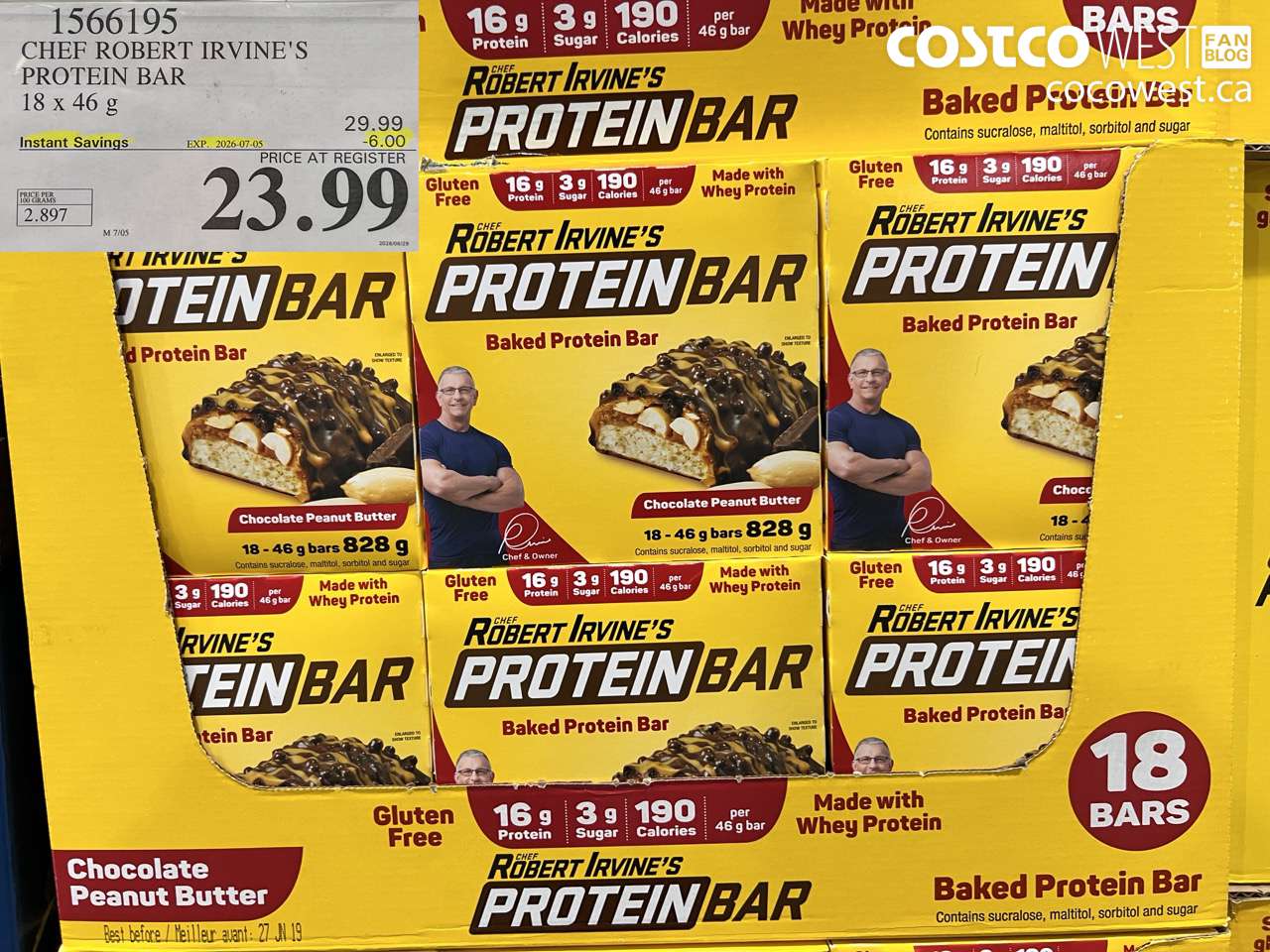 1566195 CHEF ROBERT IRVINE'S PROTEIN BAR 18 X 46 G ($6.00 INSTANT SAVINGS EXPIRES ON 2026-07-05) $23.99
