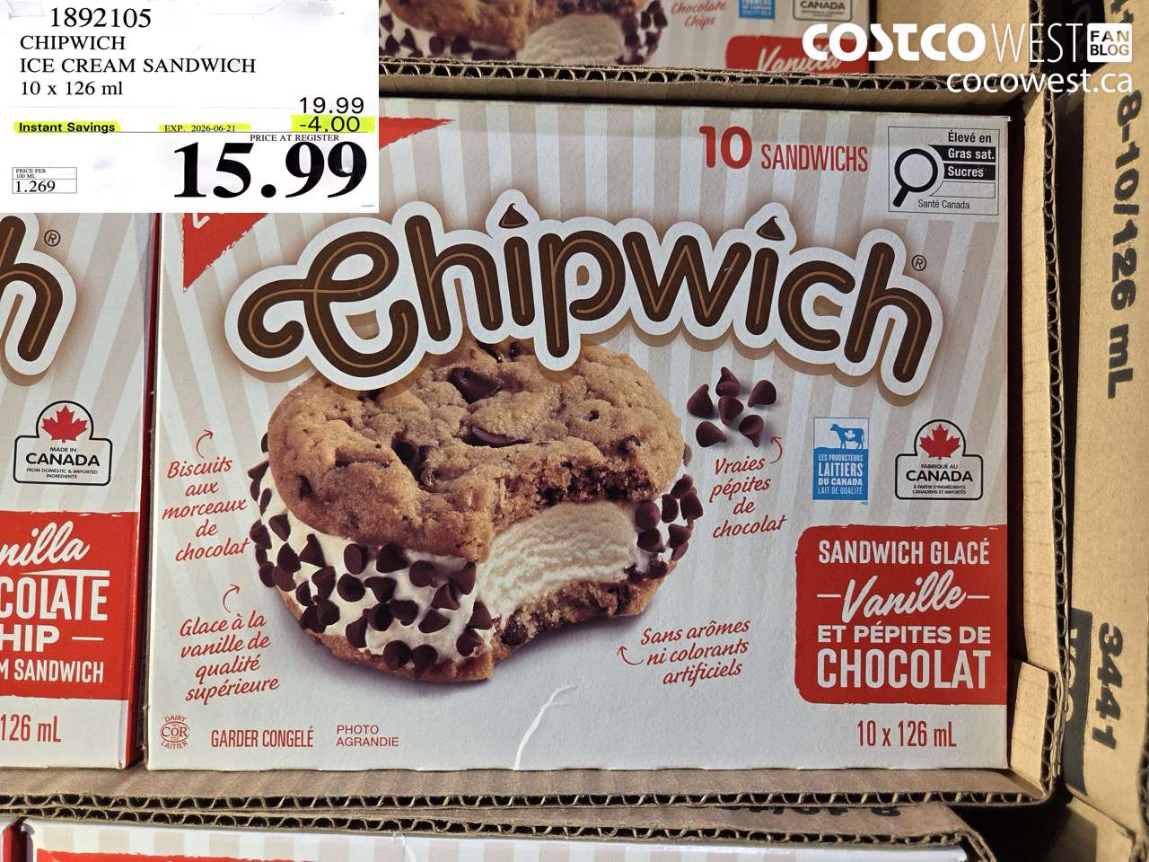 1892105 CHIPWICH ICE CREAM SANDWICH 10 X 126 ML ($4.00 INSTANT SAVINGS EXPIRES ON 2026-06-21) $15.99