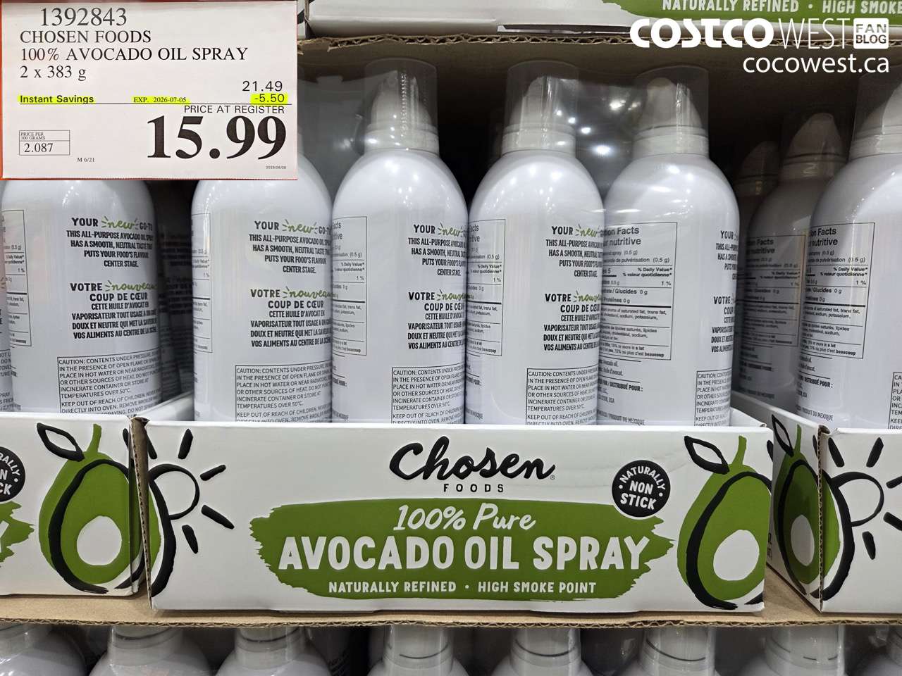 1392843 CHOSEN FOODS 100% AVOCADO OIL SPRAY 2 X 383 G ($5.50 INSTANT SAVINGS EXPIRES ON 2026-07-05) $15.99
