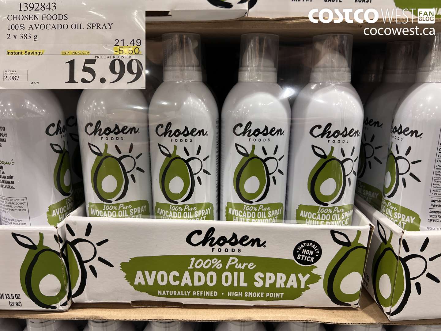 1392843 CHOSEN FOODS 100% AVOCADO OIL SPRAY 2 X 383 G ($5.50 INSTANT SAVINGS EXPIRES ON 2026-07-05) $15.99