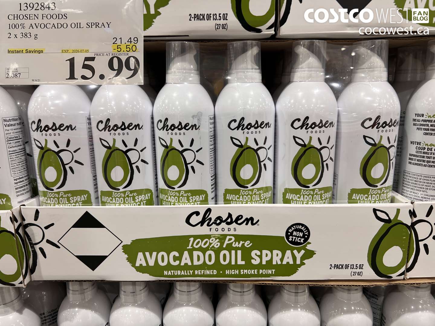 1392843 CHOSEN FOODS 100% AVOCADO OIL SPRAY 2 X 383 G ($5.50 INSTANT SAVINGS EXPIRES ON 2026-07-05) $15.99