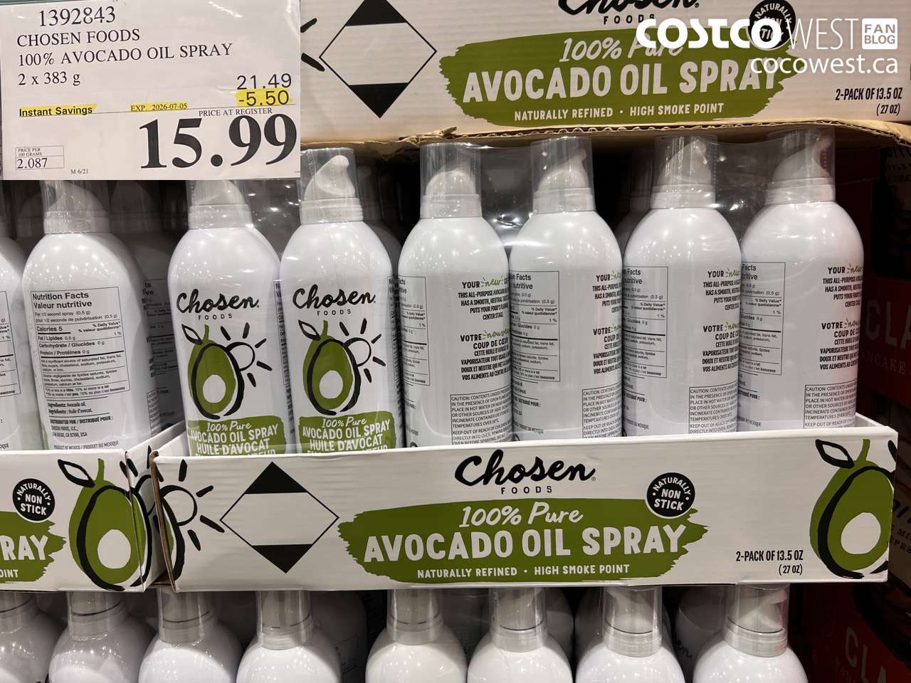1392843 CHOSEN FOODS 100% AVOCADO OIL SPRAY 2 X 383 G ($5.50 INSTANT SAVINGS EXPIRES ON 2026-07-05) $15.99