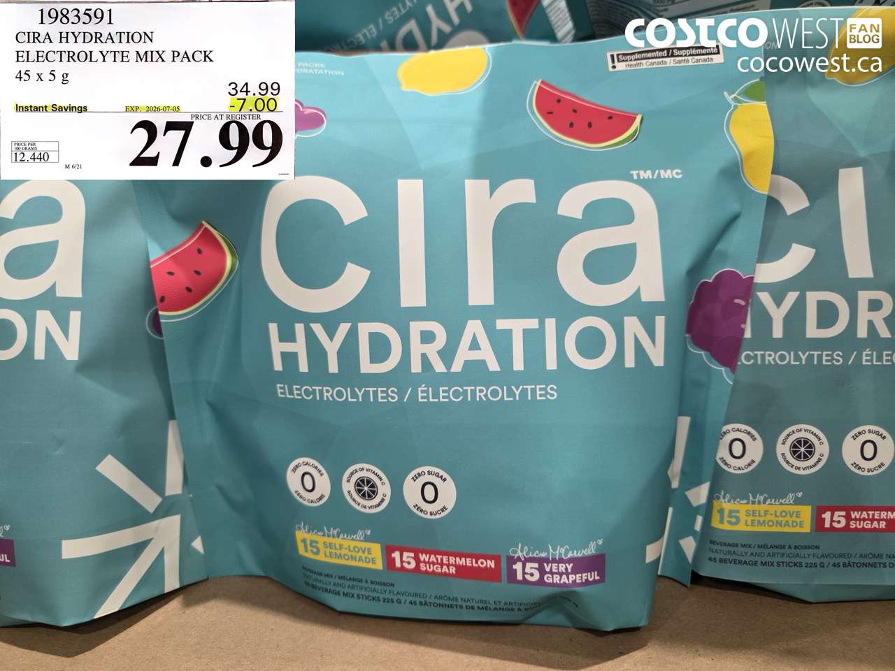 1983591 CIRA HYDRATION ELECTROLYTE MIX PACK 45 X 5 G ($7.00 INSTANT SAVINGS EXPIRES ON 2026-07-05) $27.99