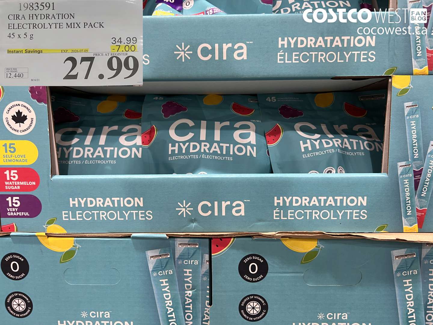 1983591 CIRA HYDRATION ELECTROLYTE MIX PACK 45 X 5 G ($7.00 INSTANT SAVINGS EXPIRES ON 2026-07-05) $27.99