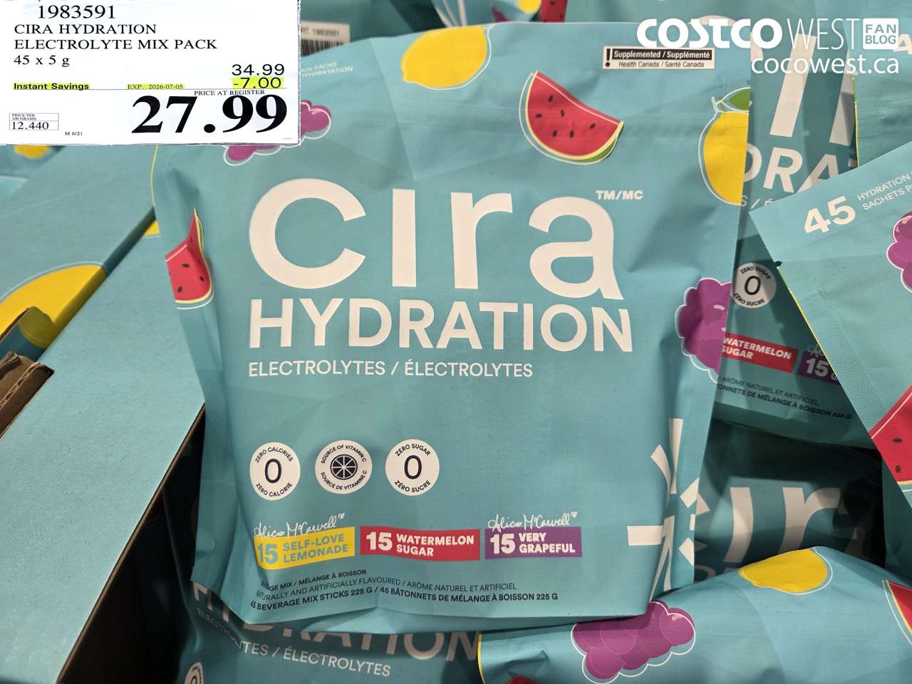 1983591 CIRA HYDRATION ELECTROLYTE MIX PACK 45 X 5 G ($7.00 INSTANT SAVINGS EXPIRES ON 2026-07-05) $27.99