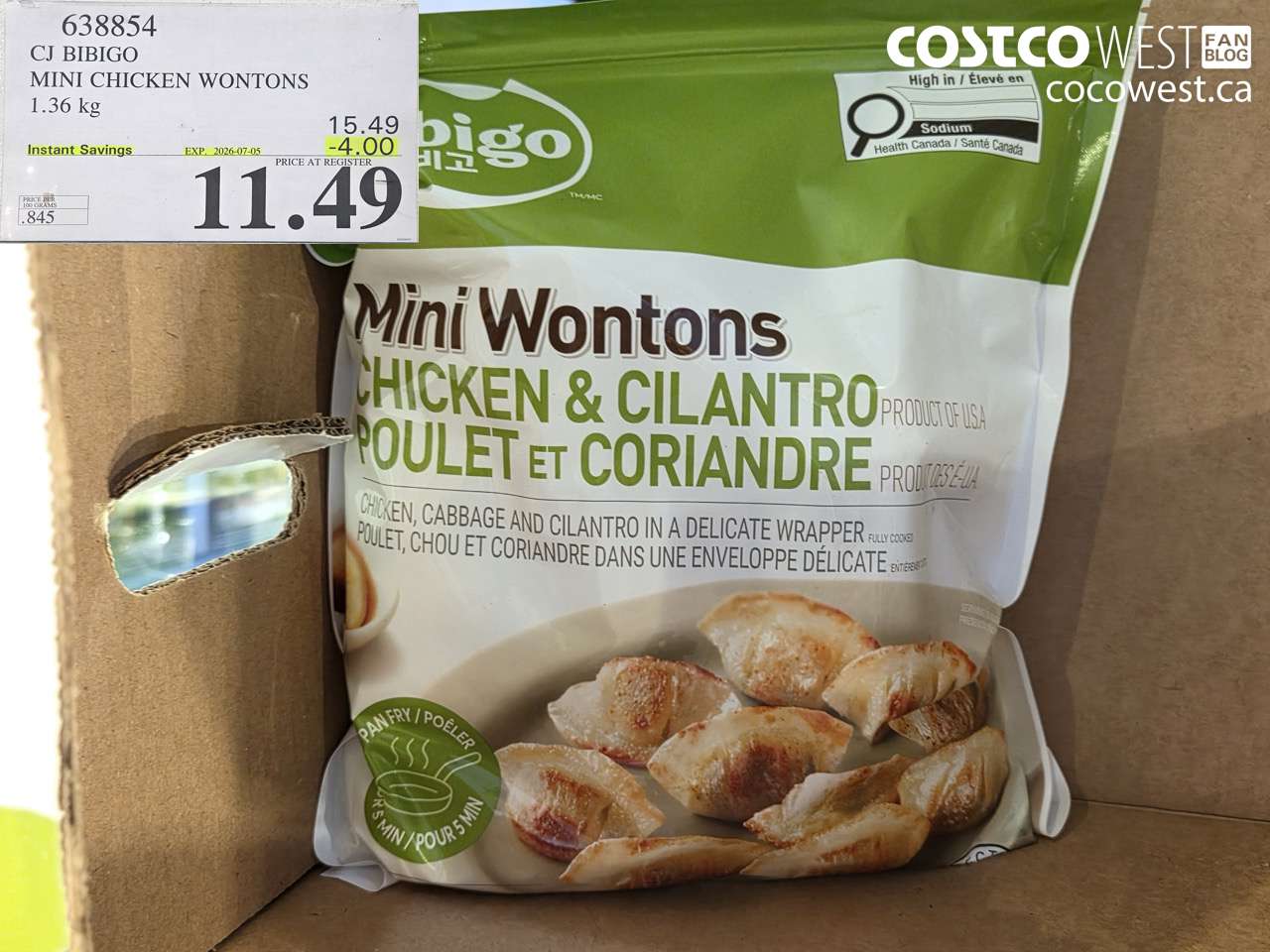 638854 CJ BIBIGO MINI CHICKEN WONTONS 1.36 KG ($4.00 INSTANT SAVINGS EXPIRES ON 2026-07-05) $11.49