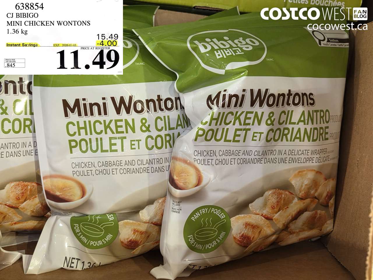 638854 CJ BIBIGO MINI CHICKEN WONTONS 1.36 KG ($4.00 INSTANT SAVINGS EXPIRES ON 2026-07-05) $11.49