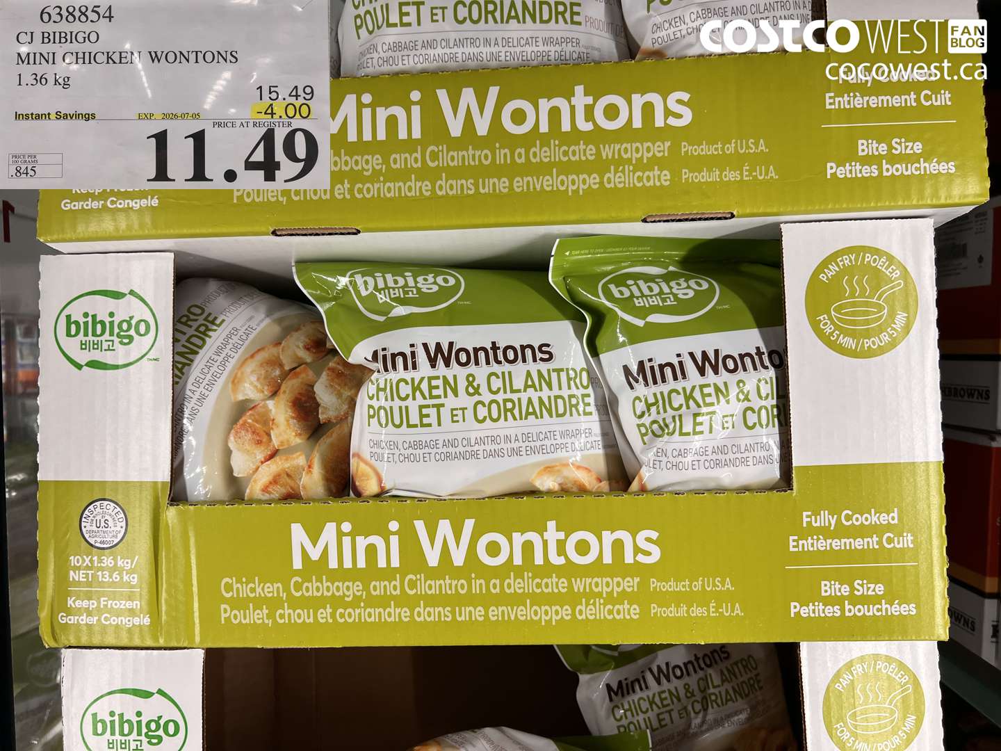 638854 CJ BIBIGO MINI CHICKEN WONTONS 1.36 KG ($4.00 INSTANT SAVINGS EXPIRES ON 2026-07-05) $11.49