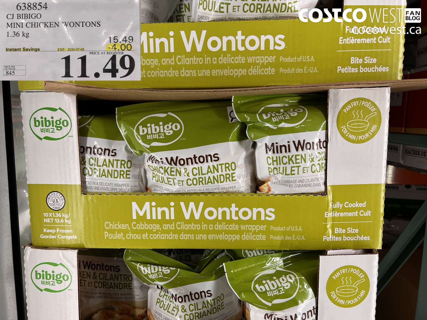 638854 CJ BIBIGO MINI CHICKEN WONTONS 1.36 KG ($4.00 INSTANT SAVINGS EXPIRES ON 2026-07-05) $11.49