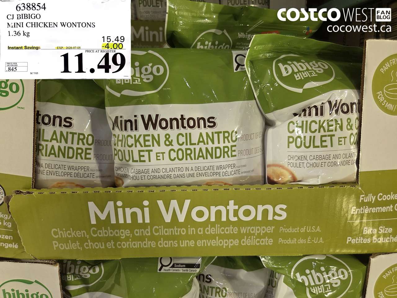 638854 CJ BIBIGO MINI CHICKEN WONTONS 1.36 KG ($4.00 INSTANT SAVINGS EXPIRES ON 2026-07-05) $11.49