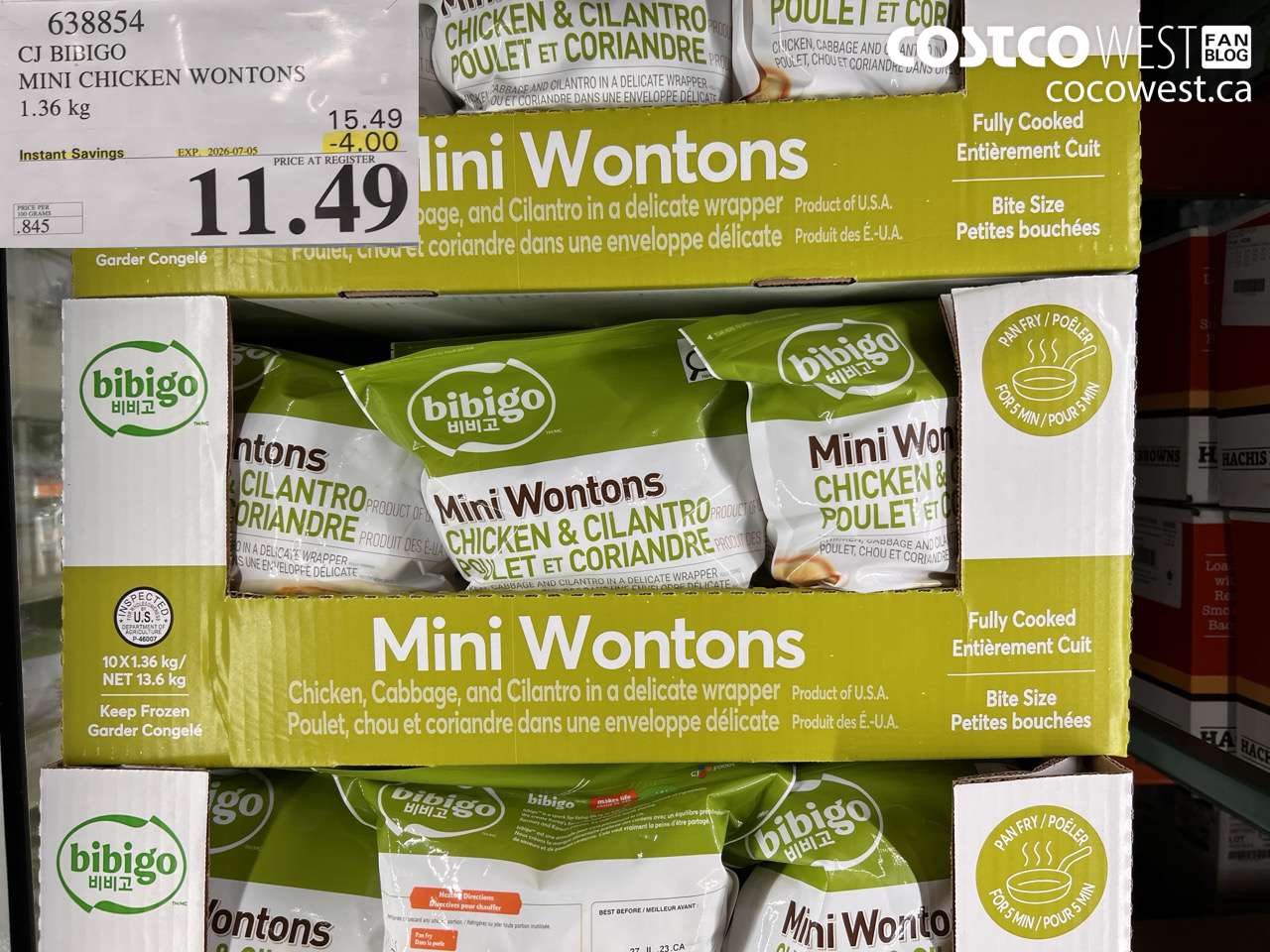 638854 CJ BIBIGO MINI CHICKEN WONTONS 1.36 KG ($4.00 INSTANT SAVINGS EXPIRES ON 2026-07-05) $11.49