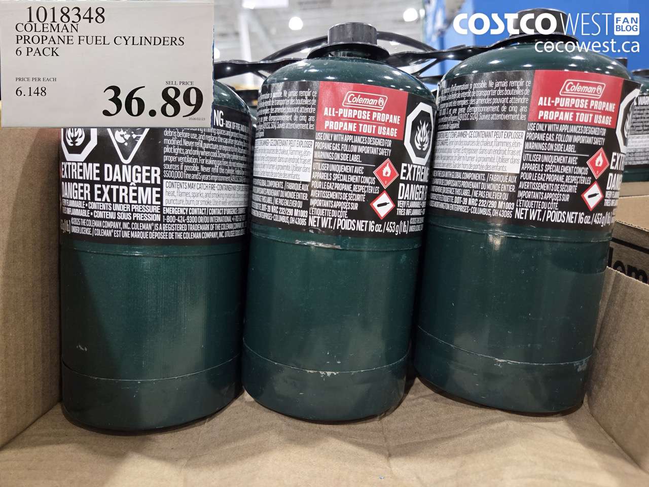 1018348 COLEMAN PROPANE FUEL CYLINDERS 6 PACK $36.89