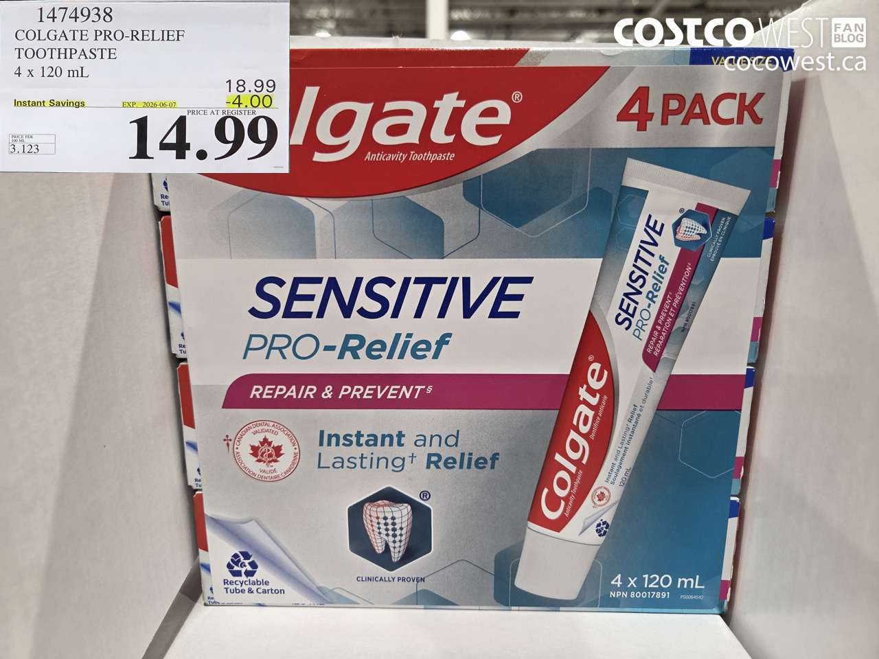1474938 COLGATE PRO-RELIEF TOOTHPASTE 4 X 120 ML ($4.00 INSTANT SAVINGS EXPIRES ON 2026-06-07) $14.99