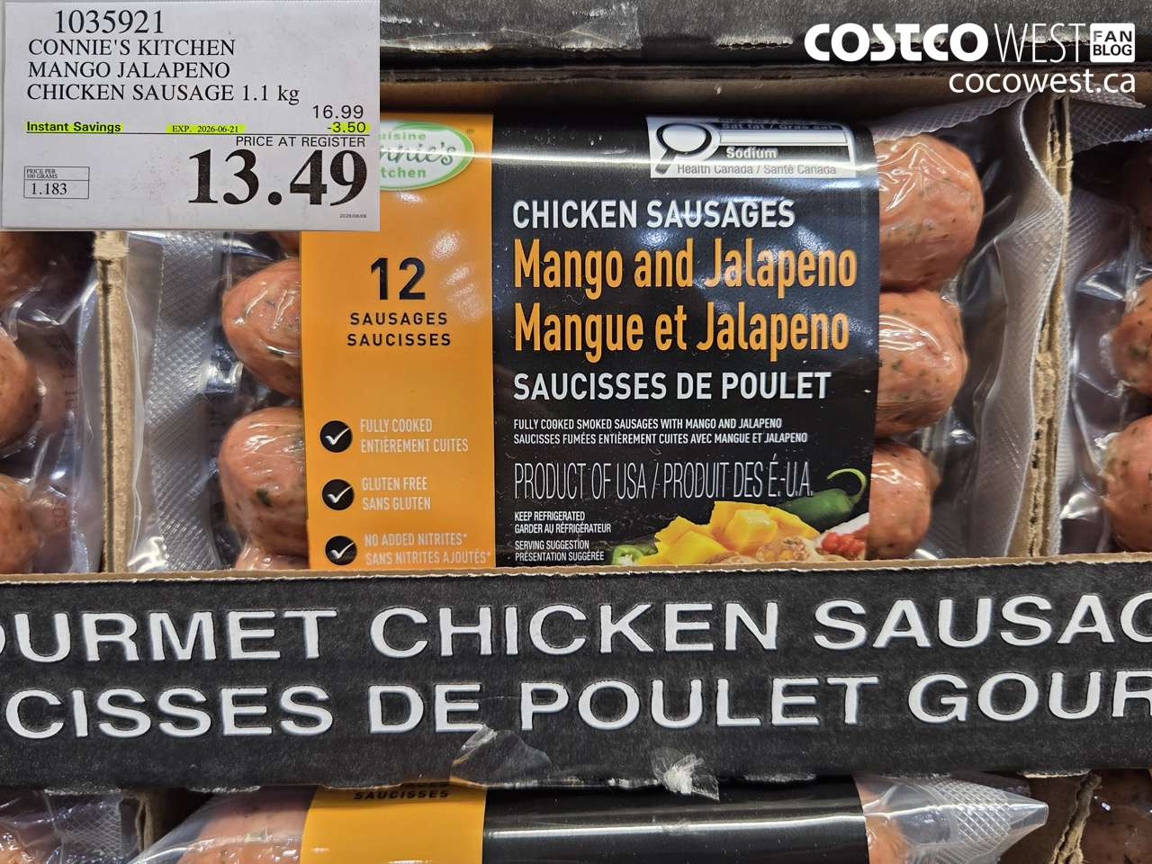 1035921 CONNIE'S KITCHEN MANGO JALAPENO CHICKEN SAUSAGE 1.1 KG ($3.50 INSTANT SAVINGS EXPIRES ON 2026-06-21) $13.49