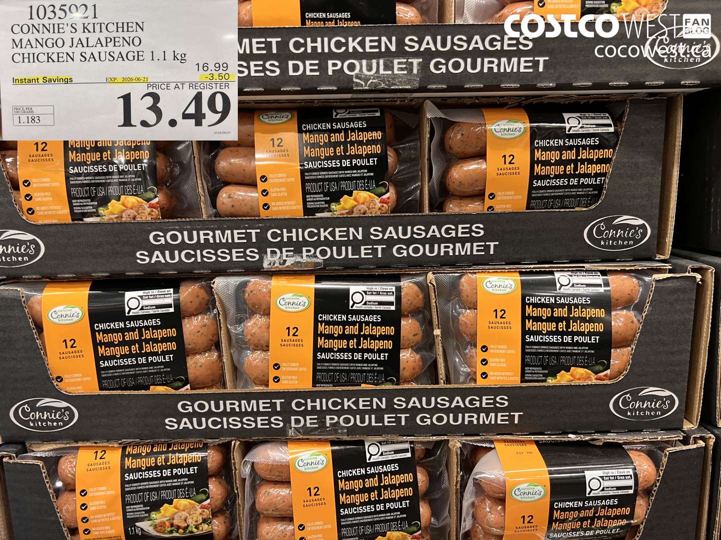 1035021 CONNIE'S KITCHEN MANGO JALAPENO CHICKEN SAUSAGE 1.1 KG ($3.50 INSTANT SAVINGS EXPIRES ON 2026-06-21) $13.49