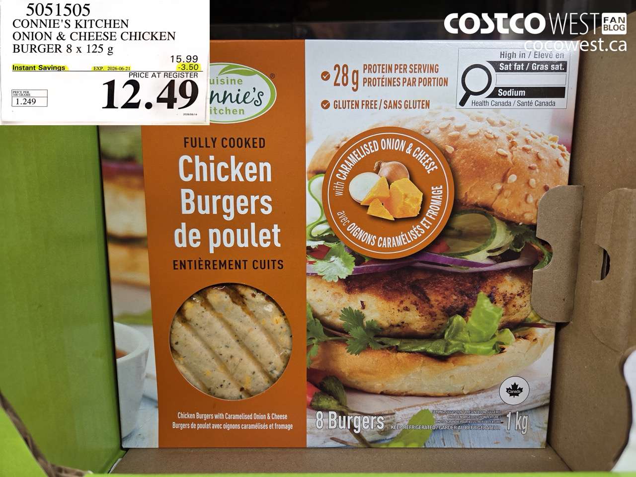 5051505 CONNIE'S KITCHEN ONION & CHEESE CHICKEN BURGER 8 X 125 G ($3.50 INSTANT SAVINGS EXPIRES ON 2026-06-21) $12.49