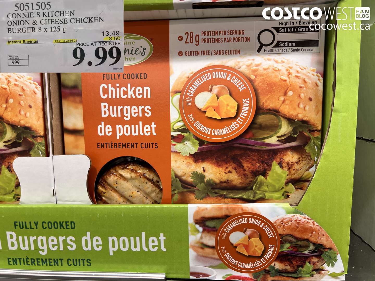 5051505 CONNIE'S KITCHEN ONION & CHEESE CHICKEN BURGER 8 X 125 G ($3.50 INSTANT SAVINGS EXPIRES ON 2026-06-21) $9.99