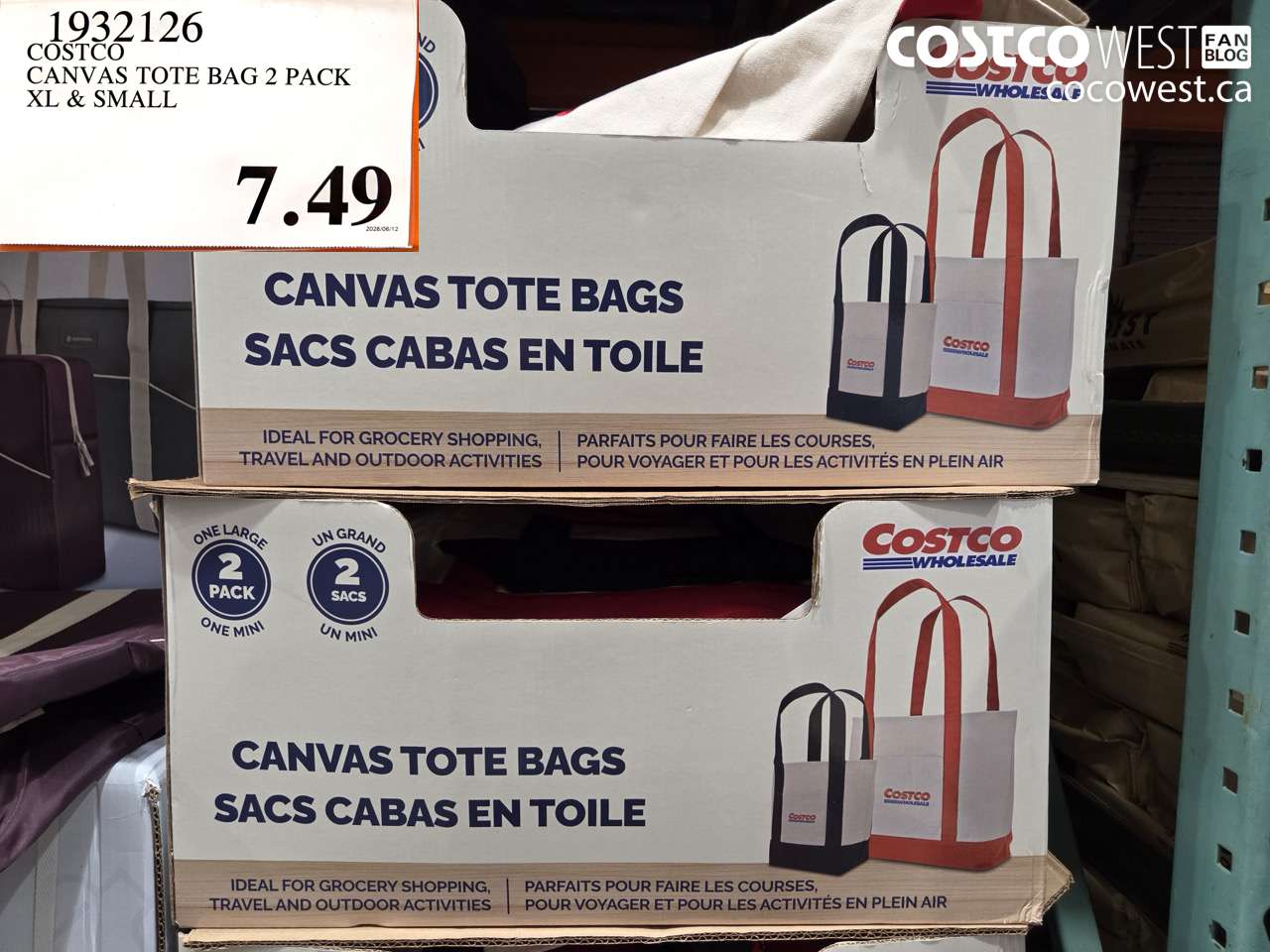 1932126 COSTCO CANVAS TOTE BAG 2 PACK XL & SMALL $7.49