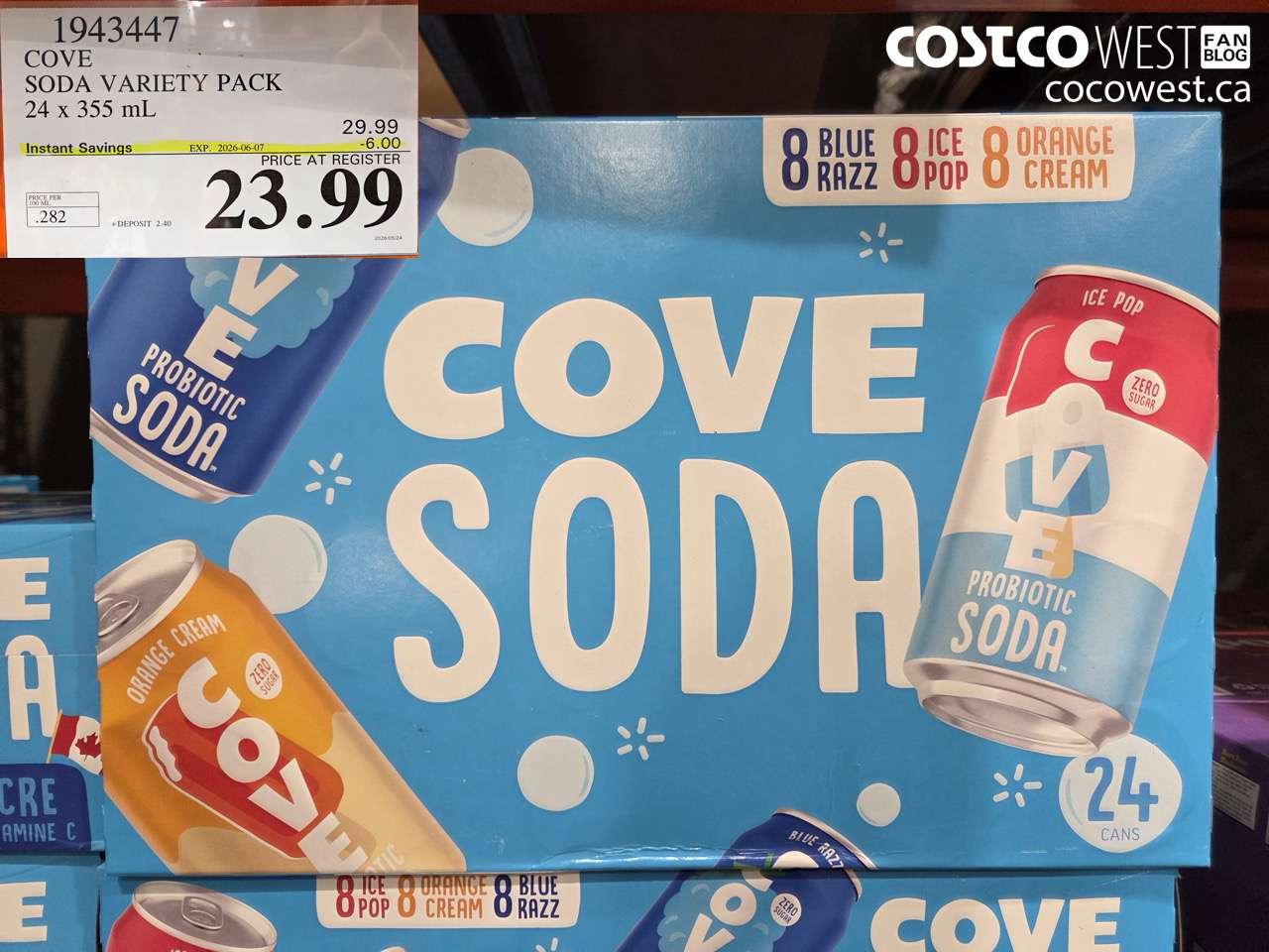 1943447 COVE SODA VARIETY PACK 24 X 355 ML ($6.00 INSTANT SAVINGS EXPIRES ON 2026-06-07) $23.99