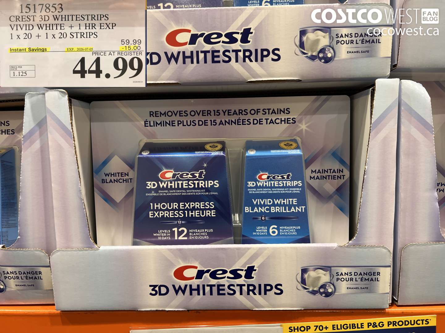 1517853 CREST 3D WHITESTRIPS VIVID WHITE + 1 HR EXP 1 X 20 + 1 X 20 STRIPS ($15.00 INSTANT SAVINGS EXPIRES ON 2026-07-05) $44.99