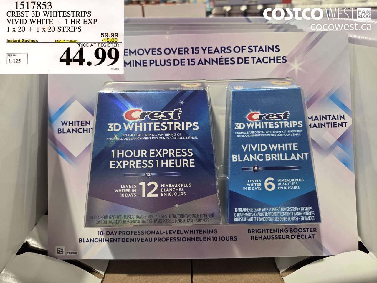 1517853 CREST 3D WHITESTRIPS VIVID WHITE + 1 HR EXP 1 X 20 + 1 X 20 STRIPS ($15.00 INSTANT SAVINGS EXPIRES ON 2026-07-05) $44.99
