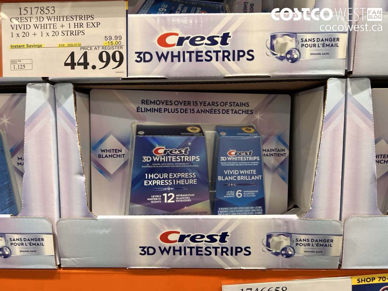 1517853 CREST 3D WHITESTRIPS VIVID WHITE + 1 HR EXP 1 X 20 + 1 X 20 STRIPS ($15.00 INSTANT SAVINGS EXPIRES ON 2026-07-05) $44.99