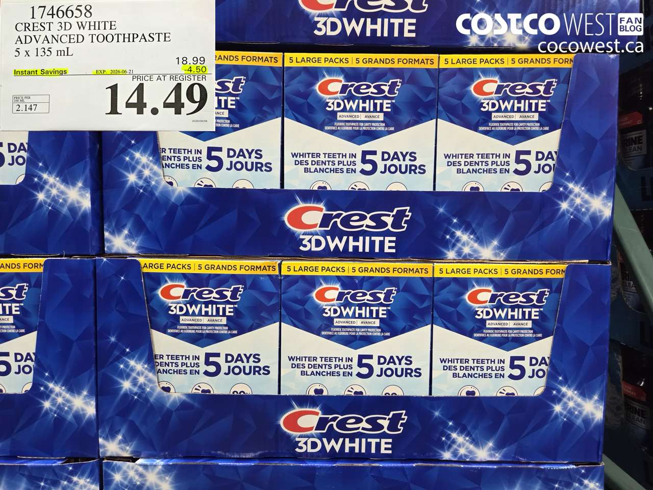 1746658 CREST 3D WHITE ADVANCED TOOTHPASTE 5 X 135 ML ($4.50 INSTANT SAVINGS EXPIRES ON 2026-06-21) $14.49