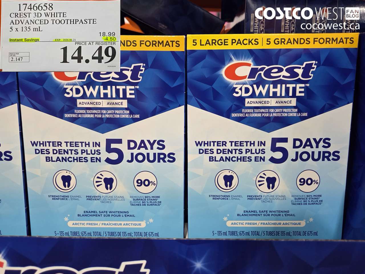 1746658 CREST 3D WHITE ADVANCED TOOTHPASTE 5 X 135 ML ($4.50 INSTANT SAVINGS EXPIRES ON 2026-06-21) $14.49