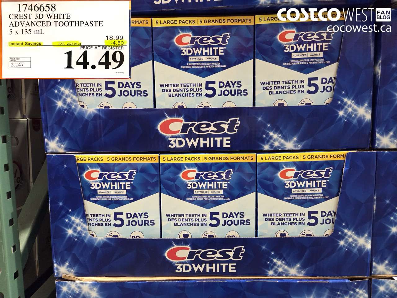 1746658 CREST 3D WHITE ADVANCED TOOTHPASTE 5 X 135 ML ($4.50 INSTANT SAVINGS EXPIRES ON 2026-06-21) $14.49