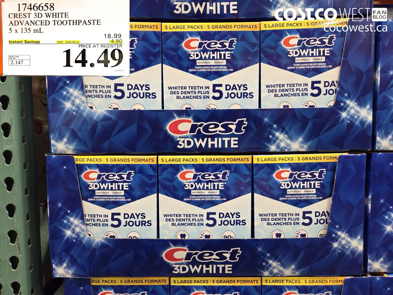 1746658 CREST 3D WHITE ADVANCED TOOTHPASTE 5 X 135 ML ($4.50 INSTANT SAVINGS EXPIRES ON 2026-06-21) $14.49