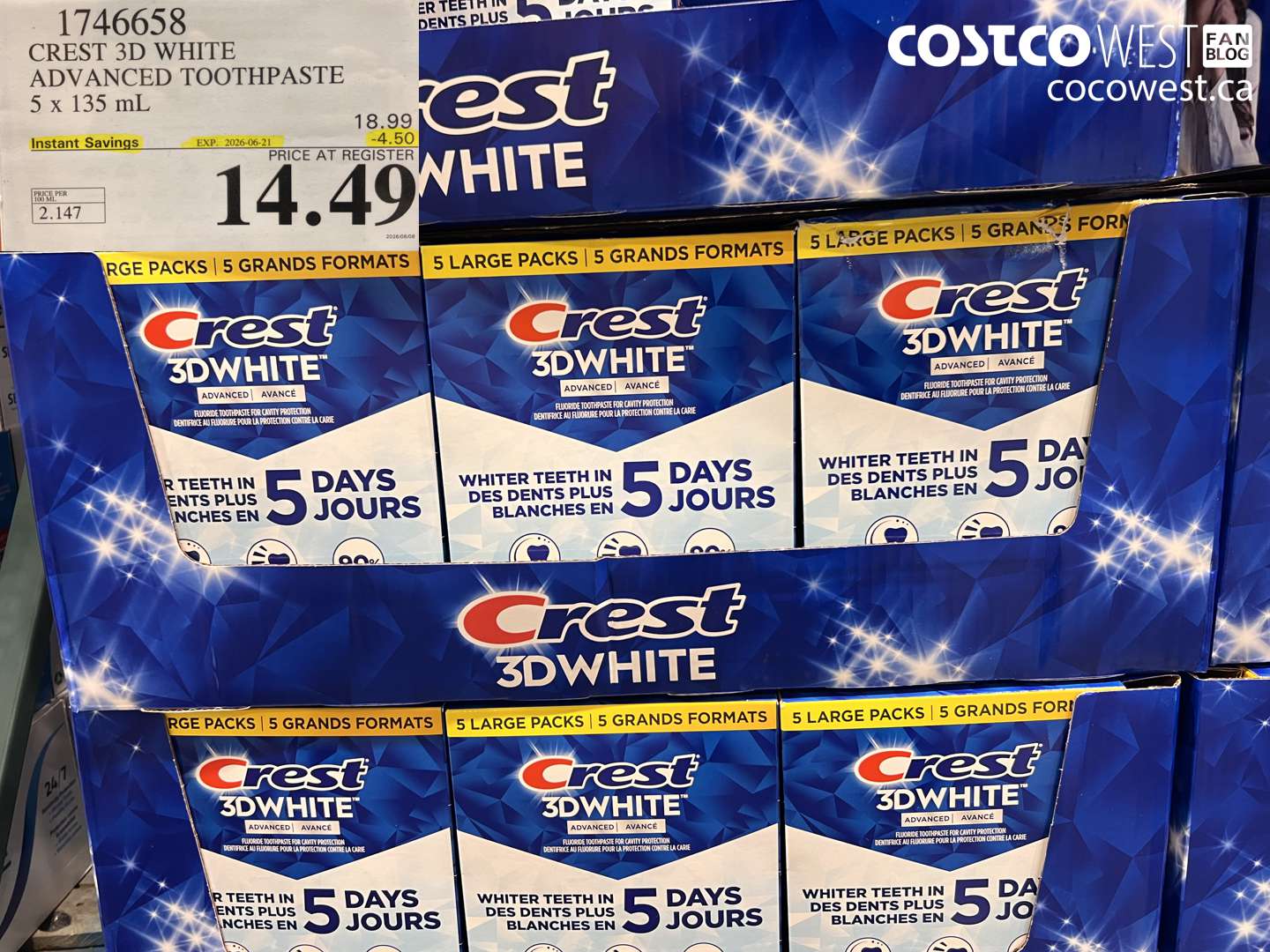 1746658 CREST 3D WHITE ADVANCED TOOTHPASTE 5 X 135 ML ($4.50 INSTANT SAVINGS EXPIRES ON 2026-06-21) $14.49